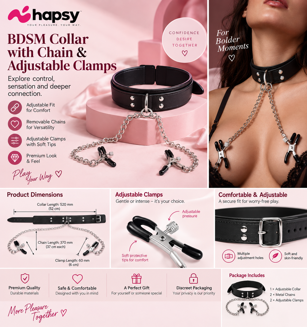 BDSM Collar with Chain & Adjustable Clamps | Hapsy