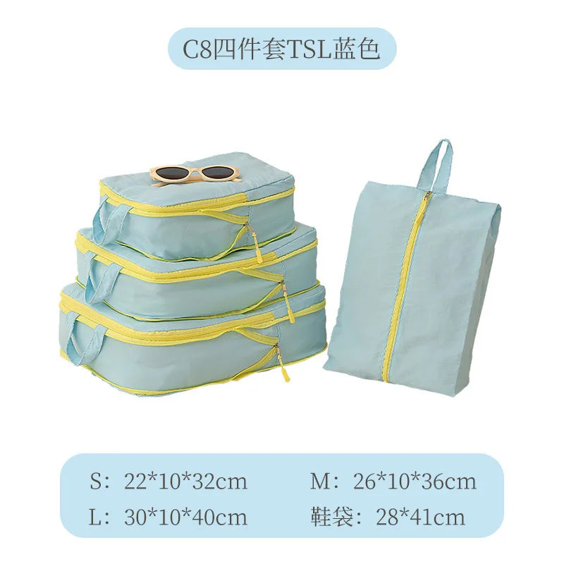 Packing Cubes Taslan Yellow Four Piece Set Space Saving Compression Luggage Organizer with Shoe Bag for Carry on Travel Vacation